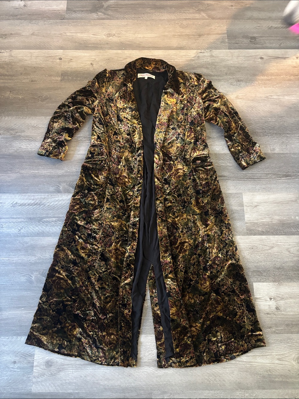Free People Velvet Floral Burnout Maxi Duster in Black and Gold